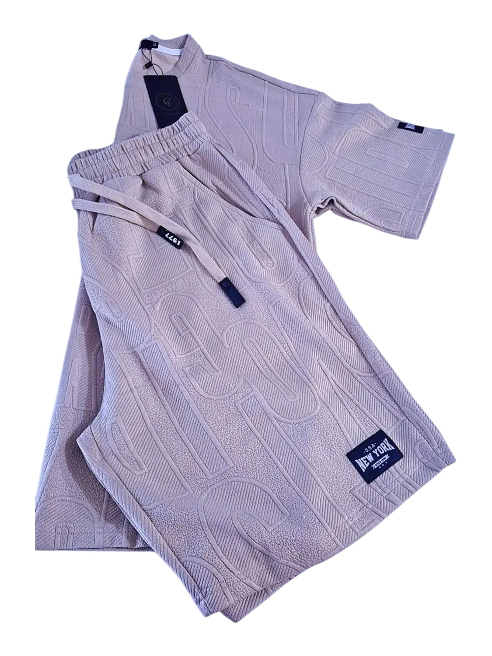 Men's Beige Embossed Knit Athletic Shorts - Label